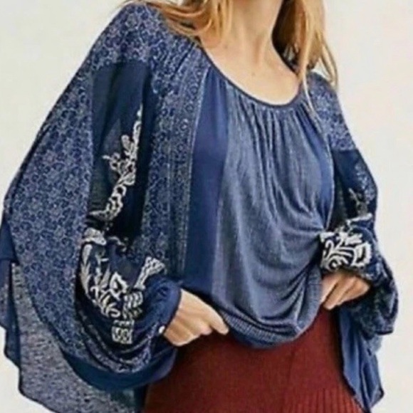 Free People Tops - Free People Womens Indigo Dreams Tunic Embroidered Mesh Balloon Sleeves Boho XL